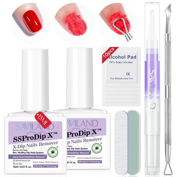 SAVILAND Dip Powder Nails Remover: 2 Pcs Plant Based Dip Nail Removal Kit Gentle & Fast Remove Dip Nails with Cuticle Oil Pusher Nail File Tools for Nail Enthusiastic Home Use 15ml