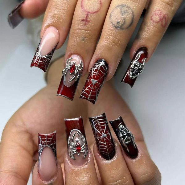 Wine Red French Press on Nails Medium Spider Web False Nails Metal Skeleton Spider Design Halloween Nails Square Full Cover Coffin Nails Artificial Acrylic Nails Halloween Glue on Nails for Women