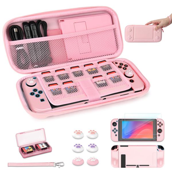 Younik Switch Case for Switch 2017, Portable Switch Carrying Case, 14 in 1 Accessories Kit with Switch Case, Cover, Screen Protector, Thumb Grip Cap, Game Card Case and Strap (Pink, Button Pattern)