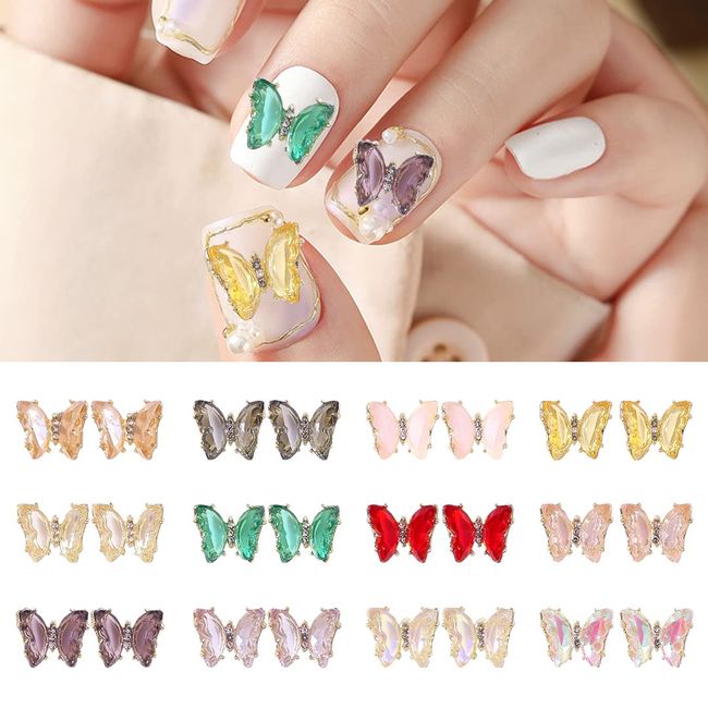 Zayookey 24 Pcs Butterfly Nail Charms 3D Nail Art Diamonds Glitter Acrylic Butterfly Rhinestones for Nails Gems Decor Crystal Nail Design DIY (Nail Accessories)