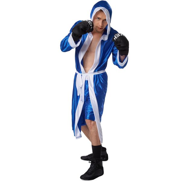 dressforfun Men’s Boxer Costume | Elasticated shorts | Hooded ring jacket | Incl. boxing gloves and belt (Blue M | No. 301830)