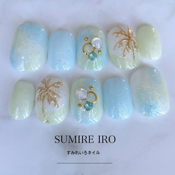 Nail tips False nails Bridal nails Short Long design Simple nails Nails Beige nails Small nails Large nails Berry short Chibi nails Adult nails False nails Custom nails<br> [o2099] Marine Nail Blue Marble Palm Tree