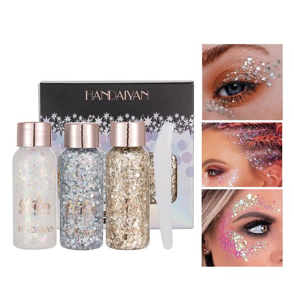 3 PCS Glitzer Gesicht Body Glitter Gel, Glitzer Schminke, Highlighter Powder Body, Festival Glitter Gesicht für Haare Nägel Face Make Up, für Gesicht Haare Lippen Nägel Kosmetik Festival Party (01)