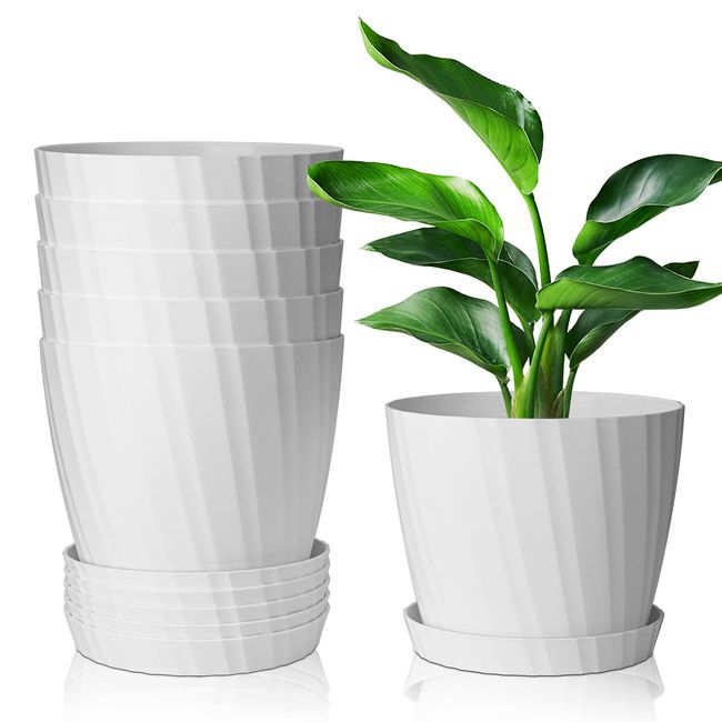 T4U Plant Pot, Plastic, Diameter 6.7 inches (17 cm), Set of 6, Ornamental Plant Pot, Herb Pot, Plenty of Drain Holes, Includes Saucer, No. 6 Pot, Indoor and Outdoor Use, White, Diagonal Stripes