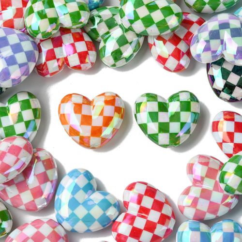 KitBeads 30pcs Random Plated Heart Beads Colorful Grid Heart Beads Valentine's Day Heart Shaped Beads for Jewelry Making Bracelets Bulk