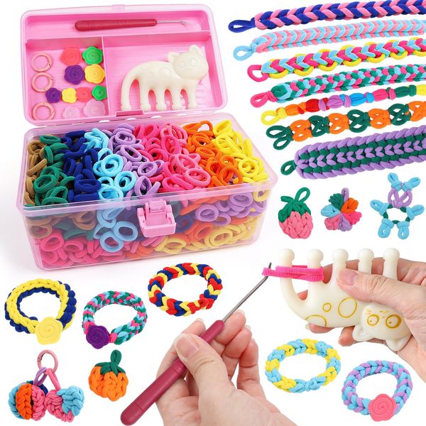 DDAI Rubber Bands Bracelet Making Toy - Art and Craft Kit for Kids Weaving Loom Bracelets Kit, 1000+ Colorful Hair Ties - Gift for Girls Boys 6 7 8-12 Years Old