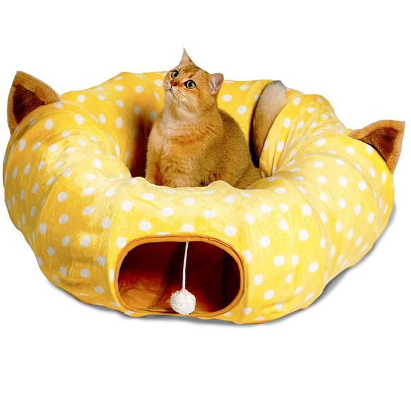 AUOON Cat Tunnel Bed with Central Mat,Big Tube Playground Toys,Soft Plush Material,Full Moon Shape for Kitten,Cat,Puppy,Rabbit,Ferret,Yellow