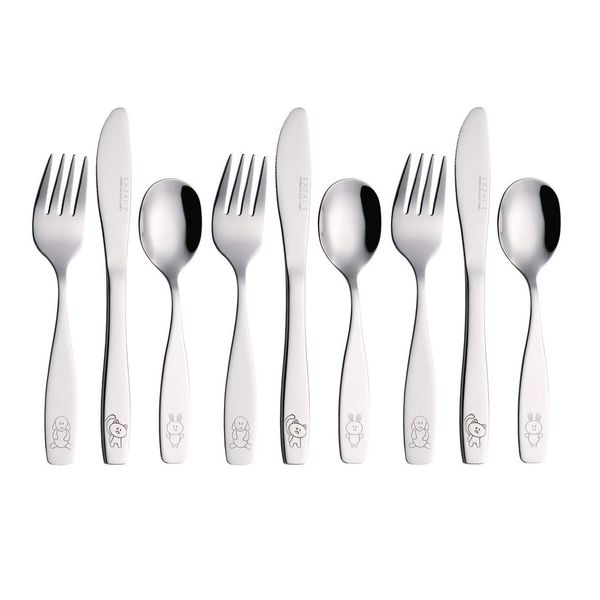 Exzact Childrens Cutlery 9pcs Stainless Steel Kid Cutlery/Todler Silverware 3 x Forks, 3 x Safe Dinnerknives, 3 x Spoons - Dog Cat Bunny Design Engraved - Dishwasher Safe