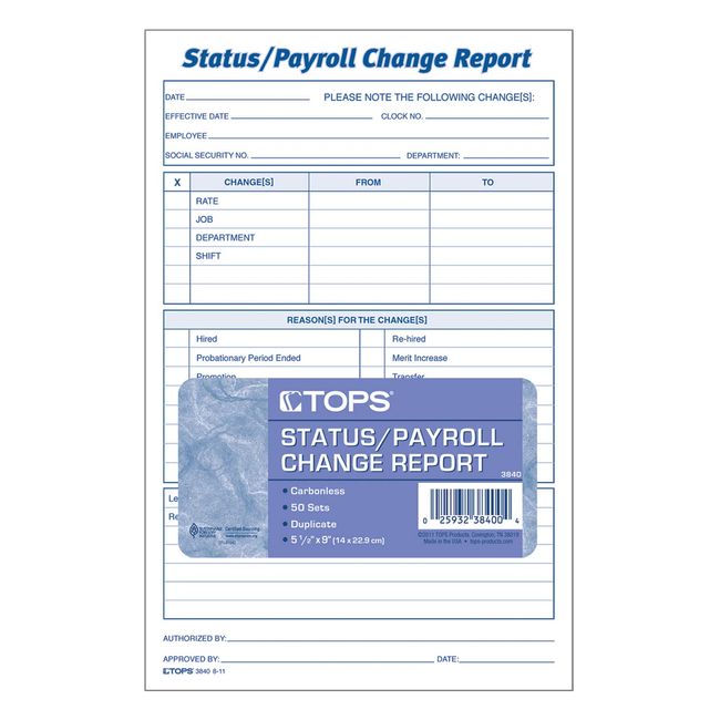 TOPS Employee Status/Payroll Change Report, 2-Part, Carbonless, 50 ST/PK (3840) - White/Canary