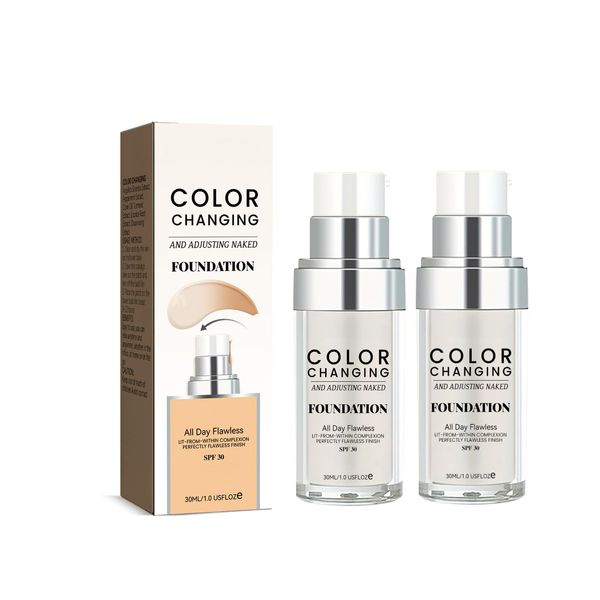 Colour Changing Foundation, Foundation Full Coverage, Hydrating Waterproof Light Long Lasting Face Foundation, Color Changing Foundation for Mature Skin (2 Pcs)