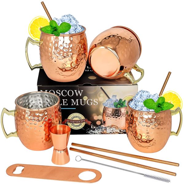 LINALL Moscow Mule Copper Mugs- Set of 4 Copper Plated Stainless Steel Mug 18oz, for Chilled Drinks (4 pcs)