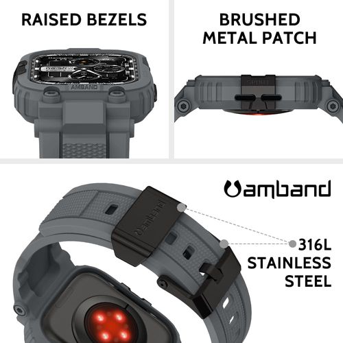 amBand Bands Compatible with Apple Watch 9/8/7 45mm, M1 Sport Series Rugged Case with TPU Strap Military Protective Tough Cover Bumper for iWatch SE2/SE/6/5/4/3 44mm 42mm Men Gray