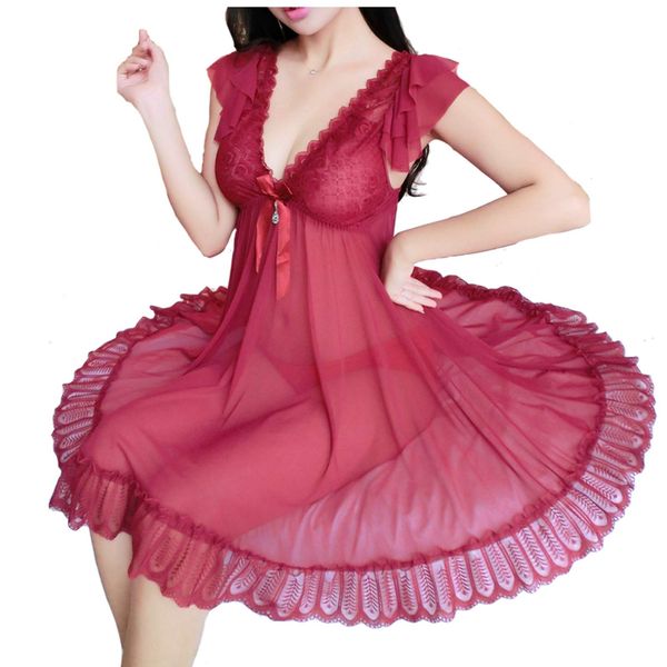 ADOSSY Babydoll, Sexy, Lingerie, Large Size, Women's Nightdress, red, (wine red)