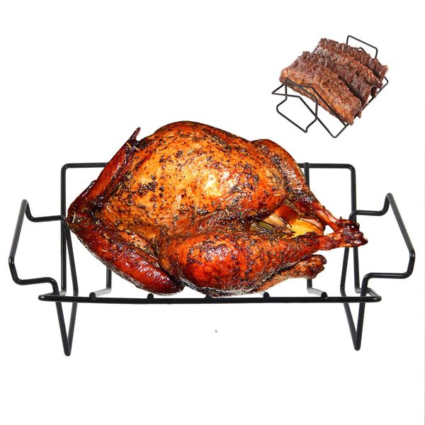 BBQ V-Shaped Rib Rack for Smoking and Grilling Turkey Roasting Rack for Large Kamado Green Egg,Kamado Grill Joe,Primo,Vision, Kamado Ceramic Grills Indoor Ovens Egg Accessories Roasting True Rack