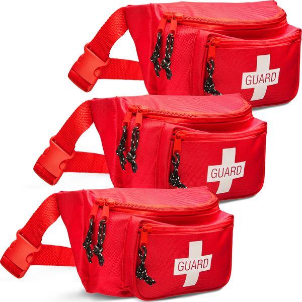 NOVAMEDIC Pack of 3 First Aid Empty Fanny Pack, 8"x2"x6", Waist Bag with 3 Zippered Compartments & Adjustable Strap for Lifeguard, Hiking, Travel Men & Women, Durable, Red