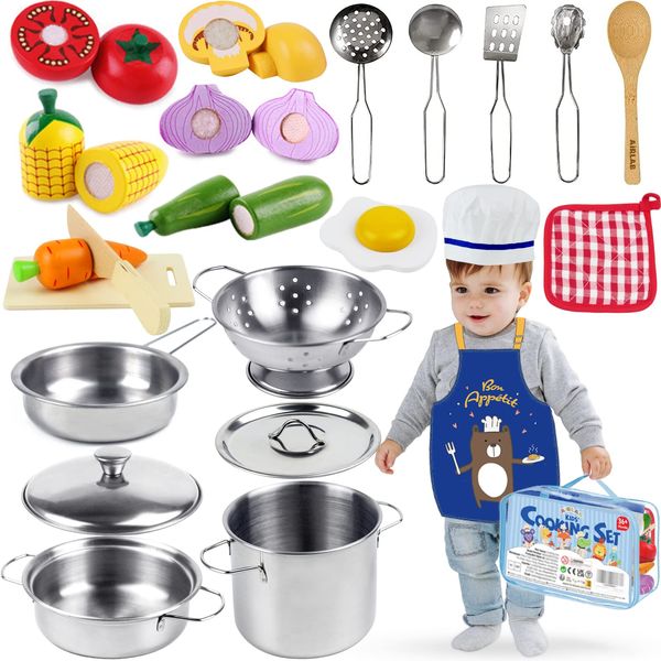 Airlab Kids Kitchen Accessories, Wooden Food Toys Stainless Steel Pots and Pans Playset, Kitchen Utensils Cooking Set with Childrens Chef Hat Apron, Pretend Role Play Food for Boys Girls Toddlers