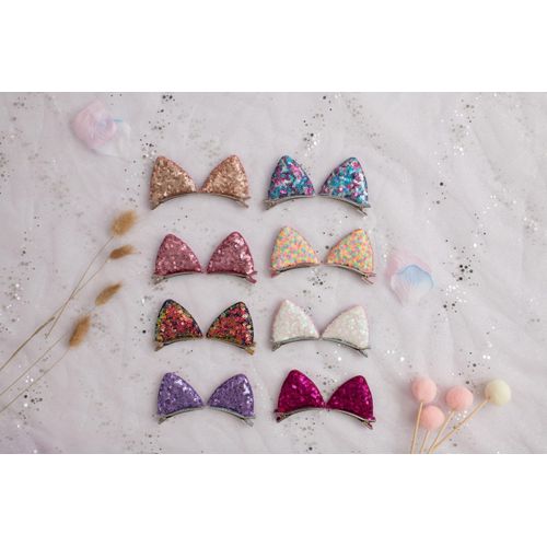 Summer Crystal 4 Pairs Sequins Cat Ears Kitty Ears Hair Clips - For Girls and Women - Stylish Hair Accessory for Birthdays, Costumes, Halloween, Holidays, and Parties (4 Pairs LMRW)