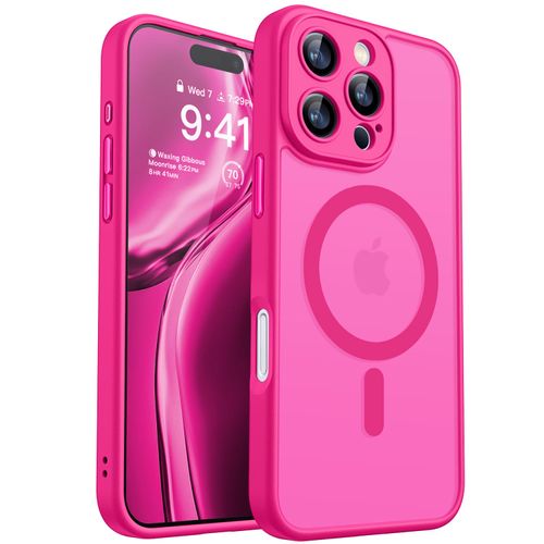CANSHN Magnetic Compatible with iPhone 16 Pro Case, Upgraded [Full Camera Protection] [Compatible with Magsafe] [Translucent Matte] Shockproof Protective Phone Case Cover 6.3 Inch - Hot Pink