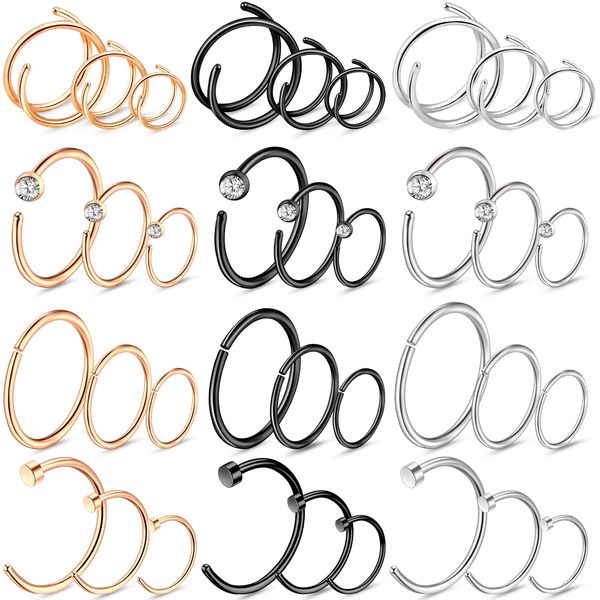 ONESING 36 Pcs 20G Nose Rings Hoops Nose Rings for Women Surgical Steel Double Nose Hoop Hypoallergenic Nose Piercings Jewelry for Women Men