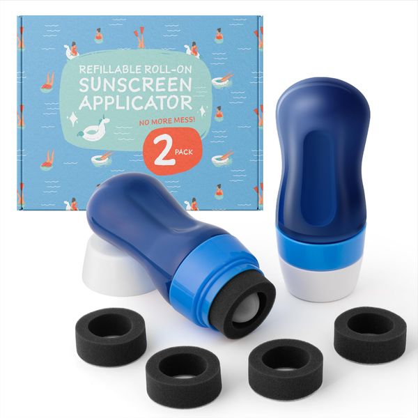 IMPRESA [2 Pack] Refillable Roll On Sunscreen Applicator for Kids & Adults Sponge Applicator Sunscreen Dispenser Kids Sunscreen Applicator Roller Sunscreen Roller Applicator with Lotion Extra Sponges