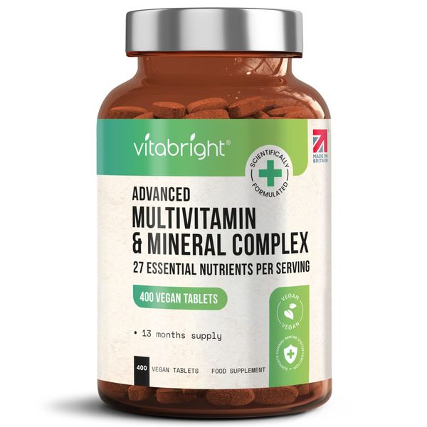 Multivitamins & Minerals - 400 Vegan Multivitamin Tablets – 13 Month Supply - 27 Essential Vitamins & Minerals per Multivitamin Tablet for Women and Men – Keto Friendly - Made in The UK by VitaBright