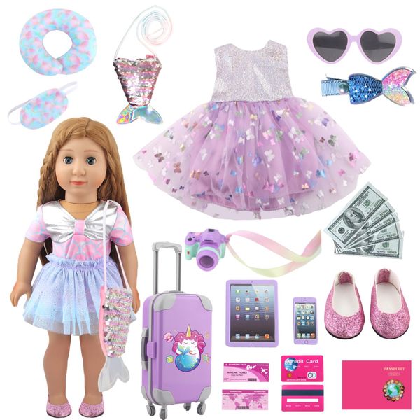 AugFrog 23 Pcs Purple Mermaid Themed Playset for 18 Inch Girl Dolls, American Doll Travel Accessories, Includes Doll Luggage Clothes Dress Shoes Shoulder Bag Toy Camera Pillow, Ideal Gift for Girls