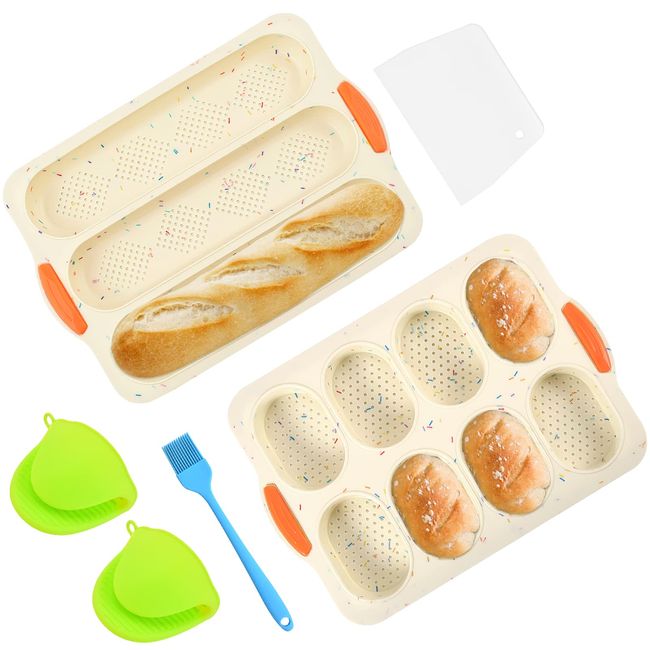 TLsiwio Brötchen Backform Silikon,Brötchenbackformen,Antihaft Silikon Baguetteform,Brot Crisping Tray,French Brotform von Baguettebrot Brot Langbrot Hot Dog mit 2 Isolationshandclip+Ölpinsel