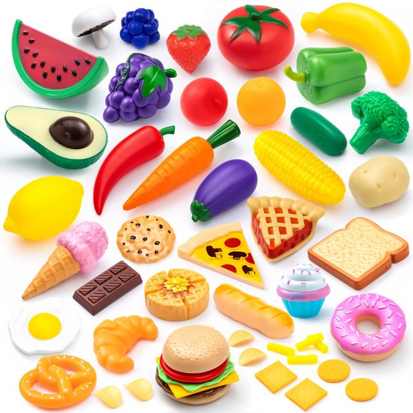 Joyin 50 Piece Set of Kitchen Toys, Dinnerware, Dummy Fruits, Vegetables, Plastic Accessories for Children Educational Learning Toy, Role Play Gift