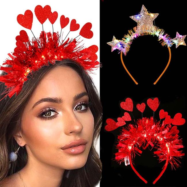 Aceorna Light Up Halo Headbands Glitter Heart Stars Halo Crowns Led Glowing Hair Hoop Luminous Costume Headpiece for Women (Star&Heart)