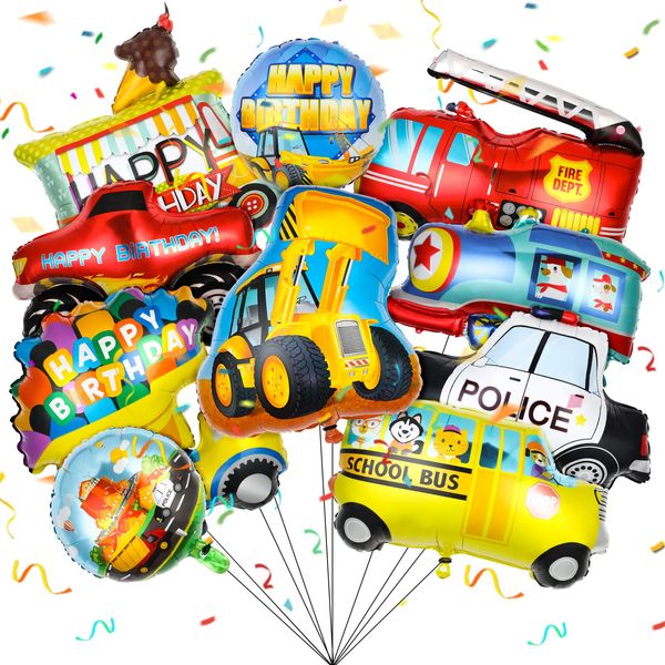 10 Pieces Transportation Birthday Party Decoration for Boys Car Balloons Ice Cream Cart School Bus Fire Truck Train Police Bulldozer Pickup Truck Truck Oval Balloons Foil Balloons