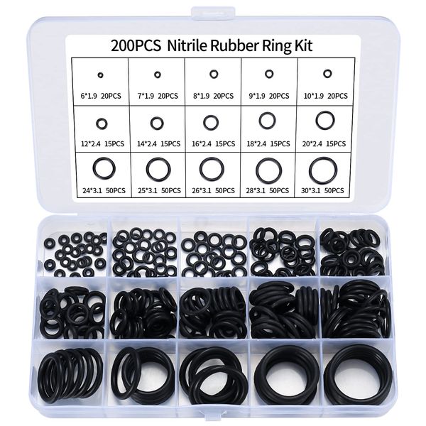 200 Pcs O-Rings Gasket kit, Rubber Nitrile Washers O Rings Assorted, Kitchen Tap Washers Seals Spacers for Mixer Taps, Plumbing, Rubber Spacer Gasket Washers Seal O-Ring Kit - 15 Sizes