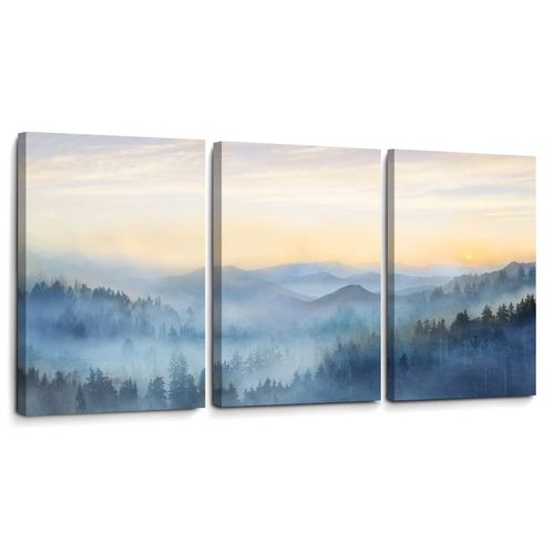 Wall Decor for Bedroom 3 Panel Sunrise Misty Forest Print Picture Paintings Wall Art for Living Room Bathroom Framed Canvas Artwork Modern Room Wall Decorations Size 12x16 x 3 Piece Ready to Hang