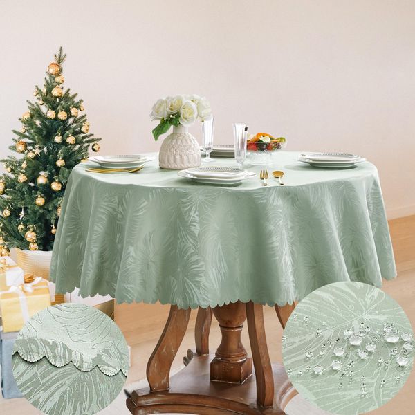 EFFICINATURE Round Tablecloth 70 Inch Green Tablecloth Leaves Pattern Scalloped Edge Silky Soft Table Cloth Waterproof Wrinkle Resistant Washable Table Cover for Dinning Tabletop Party Decoration