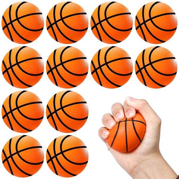 WELLVO Basketballs Party Favors 12 Pack 2.5 Inch Mini Basketball Stress Balls Relief Toys Foam Sports Balls for Kids Goodie Bag Stuffers Classroom Prizes Football Party Decorations