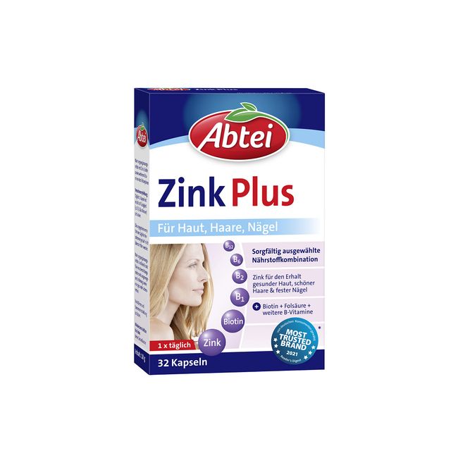 Abtei Zink Plus - spezielle Nährstoffkombination für gesunde Haut, kräftiges Haar und feste Nägel - mit Biotin und Folsäure - 1 x 32 Kapseln , 32 Stück (1er Pack)