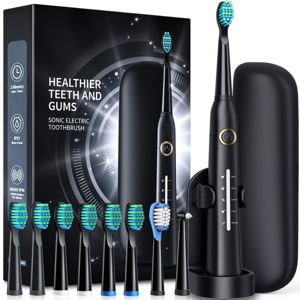 TEETHEORY Electric Toothbrush with Travel Case, Sonic Toothbrush for Adults with 8 Brush Heads for 2-Year Use, 40000 VPM Deep Clean Rechargeable Toothbrushes Last 30 Days with 5 Modes