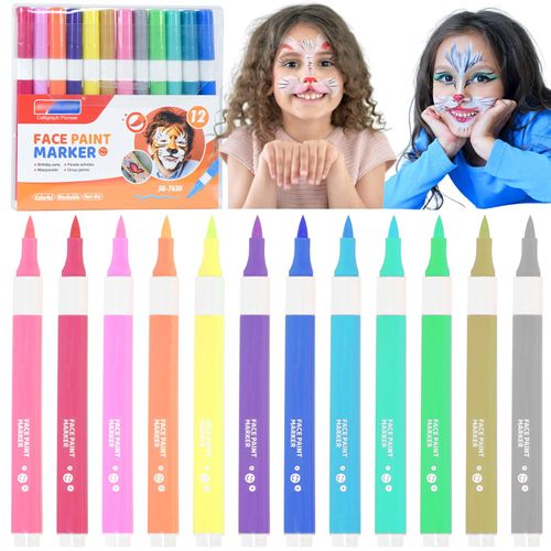 Marte Vanci Face Paint Marker 12 Color Washable Body Paint Markers Temporary Tattoo Marker for Skin Water-Based Acrylic Paint Pens Brush Tip Art Pen for Halloween Body Paint Nail Ceramic Glass