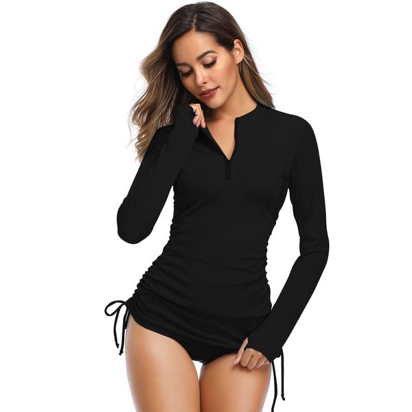 HISKYWIN Women's Long Sleeve UV Sun Protection Rash Guard Side Adjustable Wetsuit Swimsuit Top HF805-Black-XXL