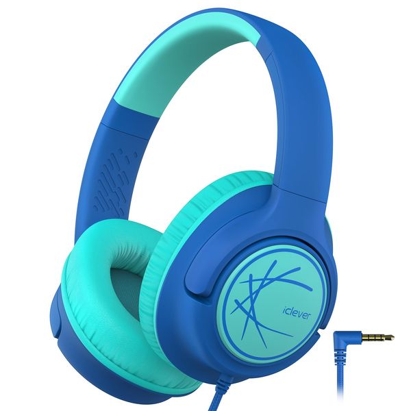 iClever Kids Headphones, Wired Headphones for Kids 85dBA Safe Volume Limit, Stereo Sound Foldable Adjustable Over Ear, 3.5mm Jack Boys Girls Childrens Headphones for School/Travel/Tablet/PC, Blue