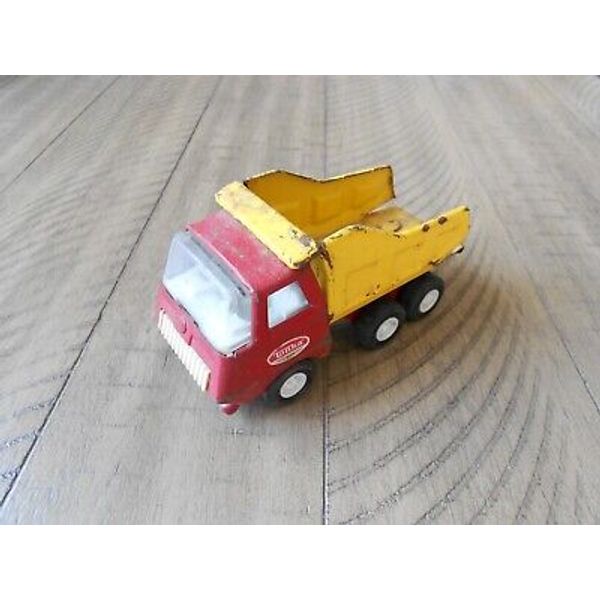 Vintage 1970's Tonka Yellow & Red Small Metal Dump Box Truck #55010 with sticker