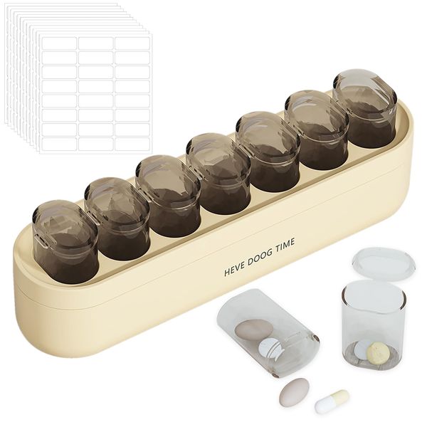 Dzmuero Pill Box, Pill Organiser, Weekly Pill Box Organiser with 288 Pieces Labels, 7 Day Tablet Boxes for Vitamins and Supplements, Easy to Open Medicine Box, Portable Medication Organiser for Travel