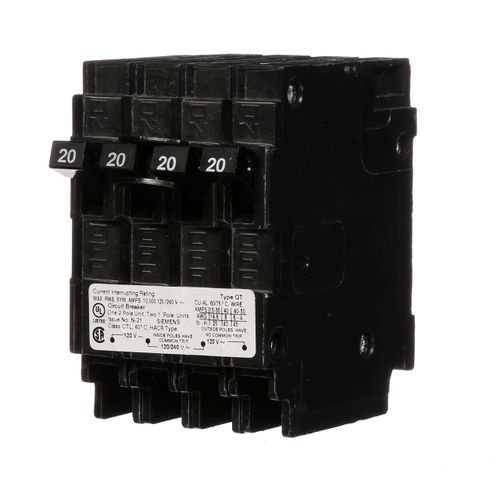 Siemens Q22020CT Triple Circuit Breaker, Plug-In, 20/20 Amps