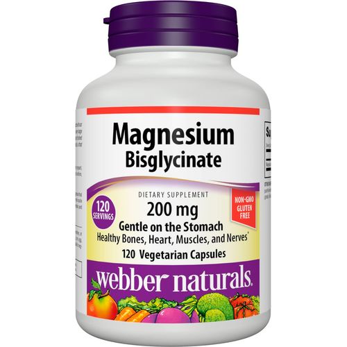 Webber Naturals Magnesium Bisglycinate 200 mg, 120 Vegetarian Capsules, Easily Absorbable and Gentle On The Stomach, Supports Bones, Teeth and Muscles, Gluten and Dairy Free, Vegan