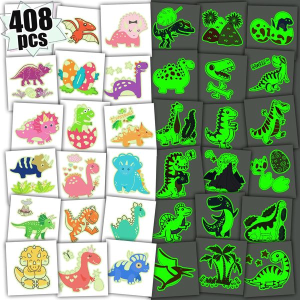 Leesgel 408 Style Boys Dinosaur Tattoos, Leucht Tattoos Kinder Sticker Set, Kids Tattoos Special for Dinosaurier Party Decorations Favors Games Goodie Bag Stuffers