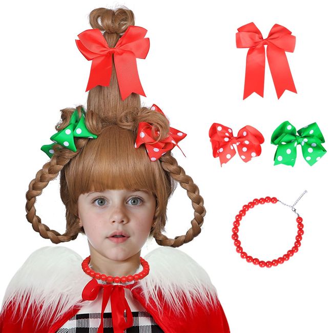 ColorGround Children's Brown Braided Costume Wig with Red and Green Polka Dot Bows and Red Bead Necklace for Christmas Celebration Party