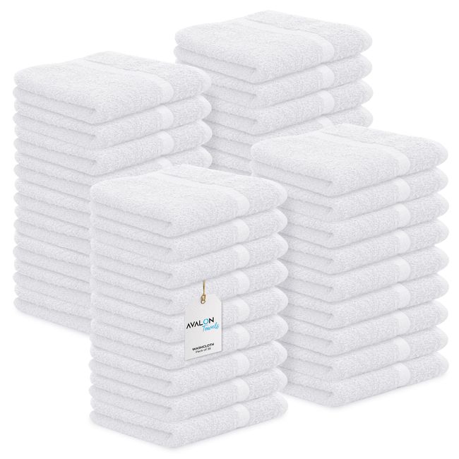 Avalon Towels Cotton Washcloths – (Value Pack of 36) Size 12x12 Inches, Premium Ring Spun Cotton, Absorbent, Soft Face Towels, Gym Towels, Hotel and Spa Quality, Reusable Fingertip Towels (White)