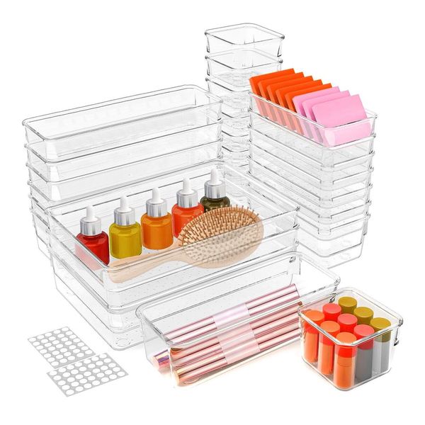 25 Piece Plastic Drawer Organizer Tray Set Makeup Vanity Stackable Storage Case