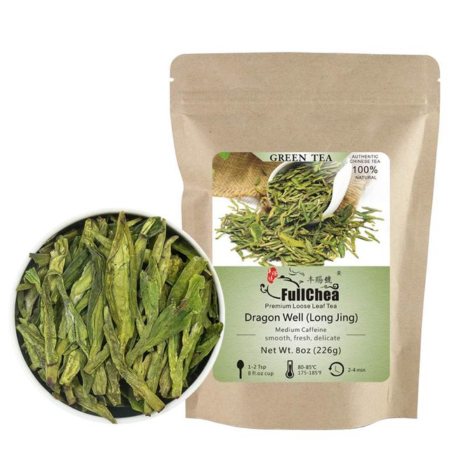 FullChea - Longjing Tea - Dragonwell Tea - Chinese Green Tea Loose Leaf - First Grade - Natural Lung Ching Dragon Well - 8oz / 226g