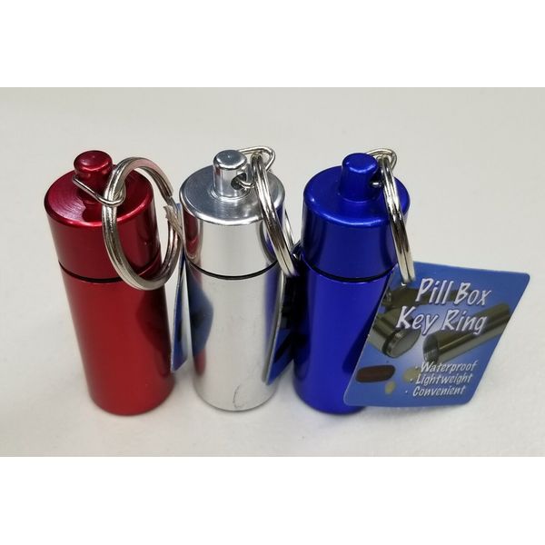 Key Chain Aluminum Travel Pill Cases, 2.75" 3 pack, assorted colors.