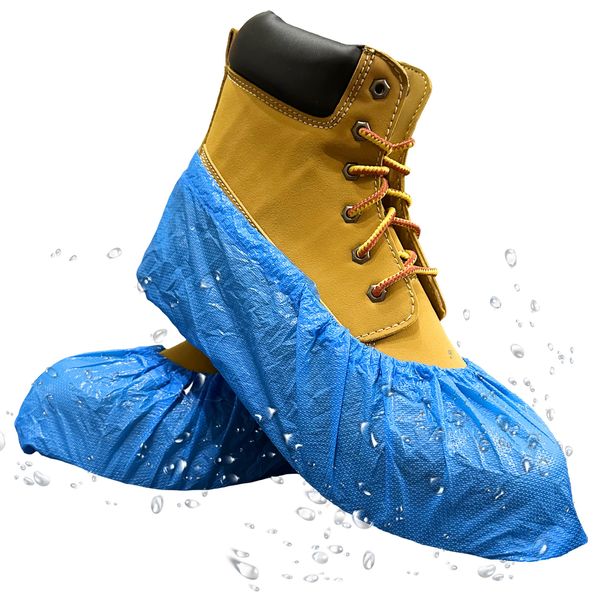 INNOVATIVE HAUS Premium Thick Extra Large Waterproof Disposable Boot & Shoe Covers | Durable, Non-Slip, Textured Treads, Non-Toxic, 100% Latex Free | Stronger than Competitor-5 Mil |100-Pack Blue|